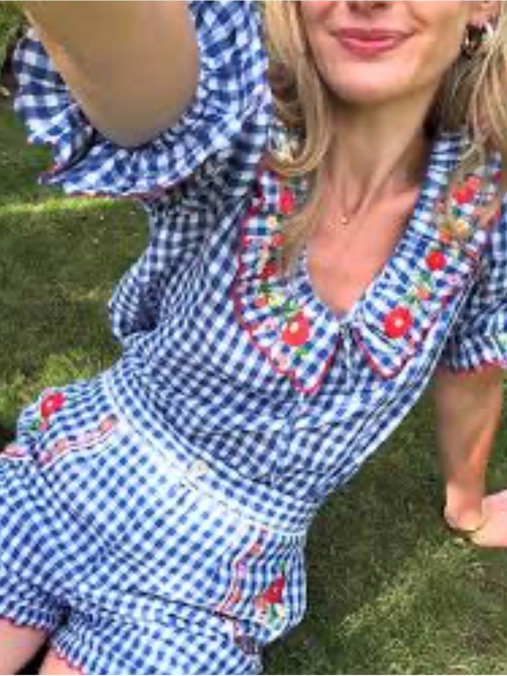 Pink City Prints Blue Gingham Embroidered Collar Women's Shorts & top